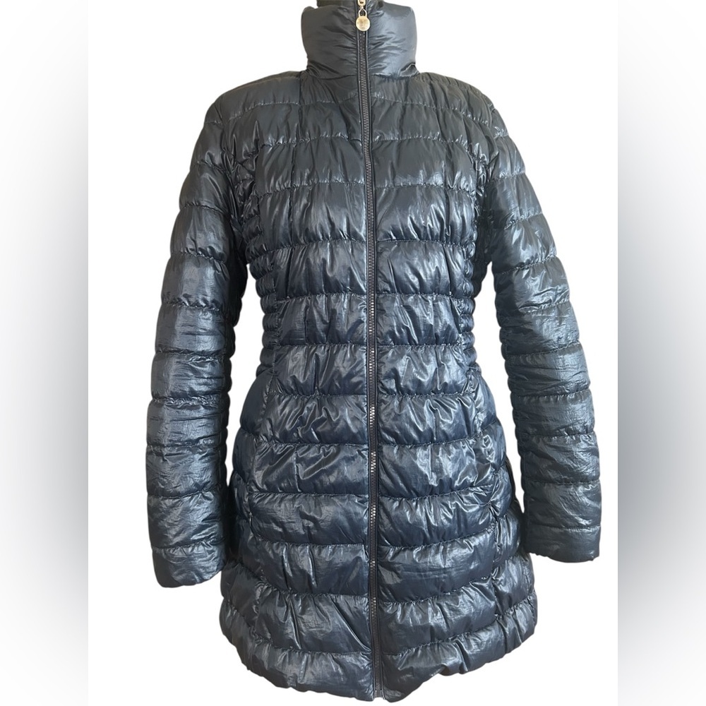 Laundry by Shelli Segal Reversible Long Puffer Coat Navy Silver Large